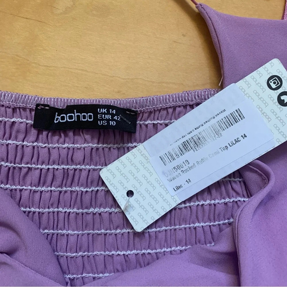 Boohoo Woven ruched ruffle cami tank top Lilac Purple Size 10 NEW WITH TAG Y2K - Picture 3 of 3